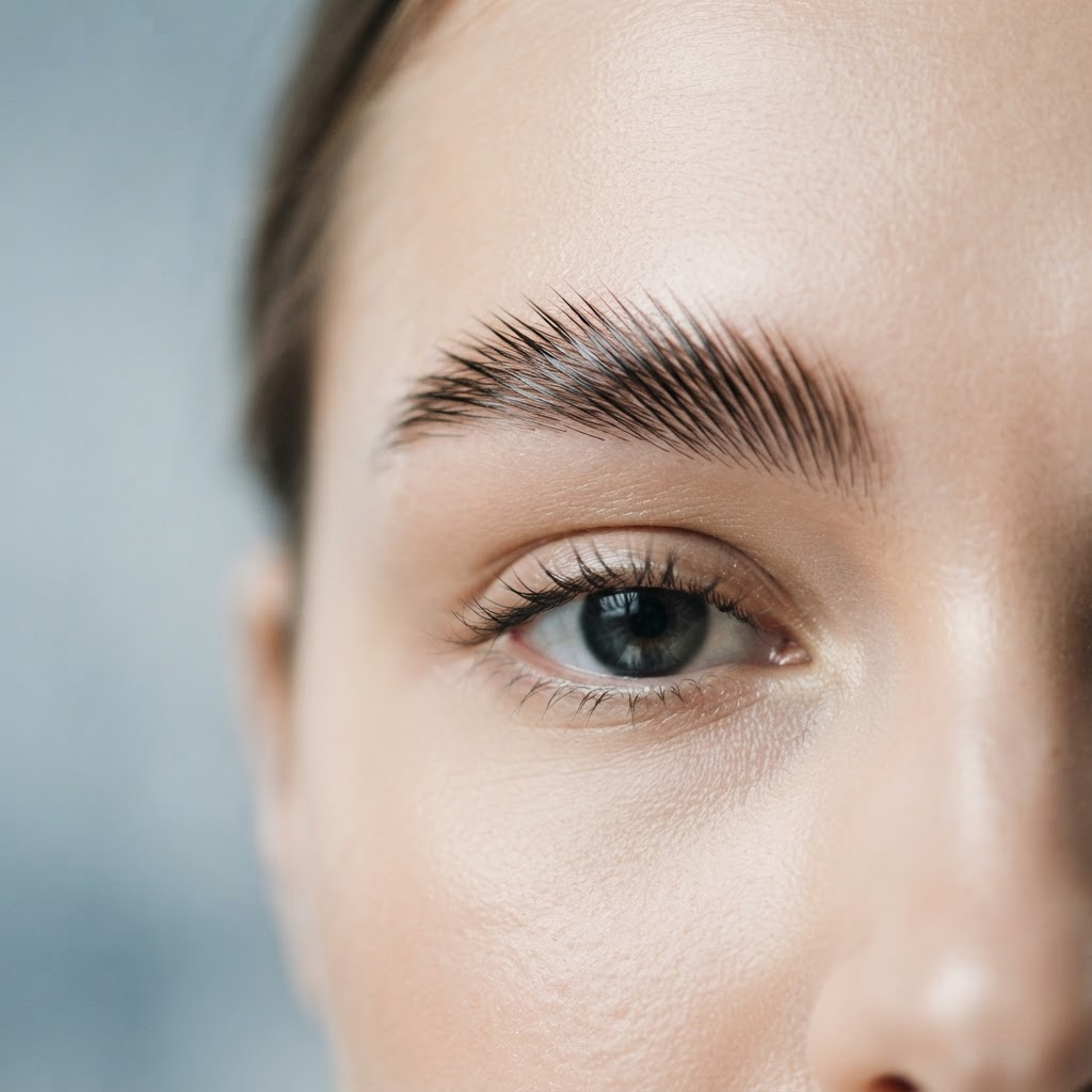 Close-up of perfectly groomed, brushed-up laminated eyebrows on a fresh face