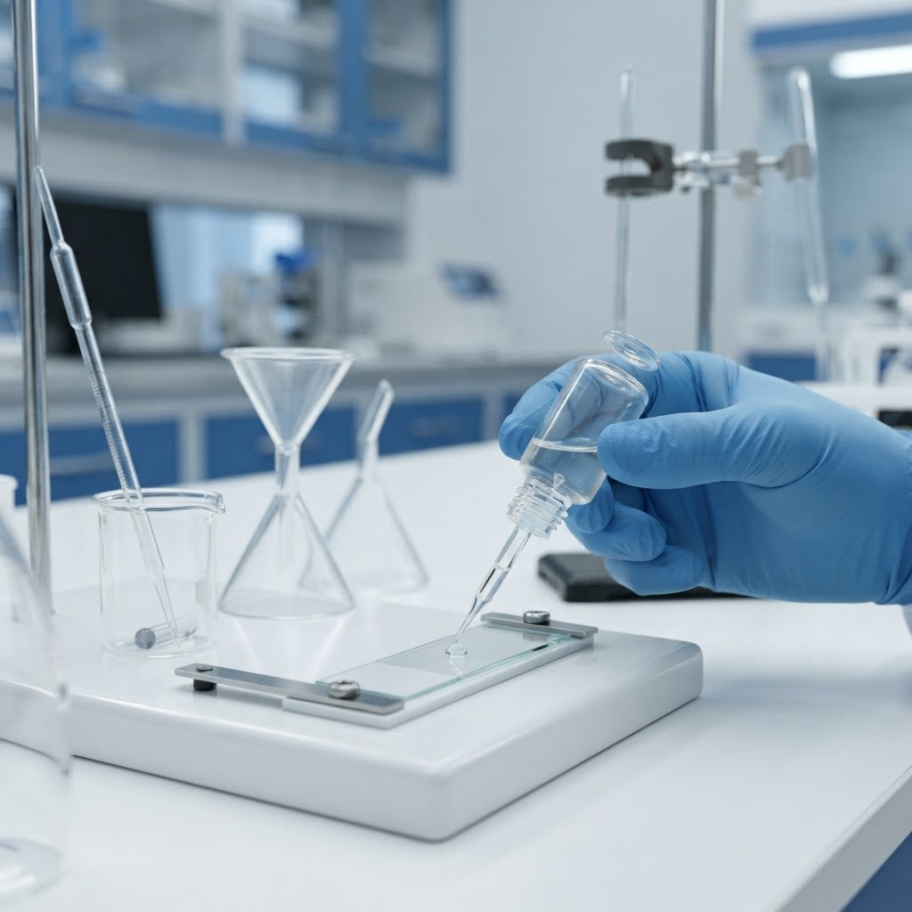 A scientific laboratory close-up of clear cyanoacrylate adhesive being tested beside lab glassware
