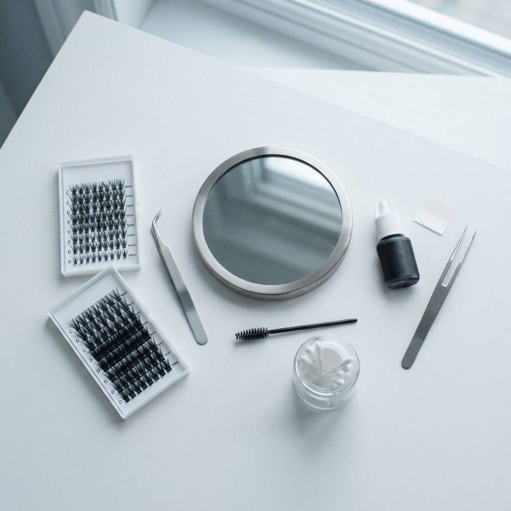 A DIY at-home lash extension kit with cluster lashes, adhesive and tweezers laid out on a clean surface