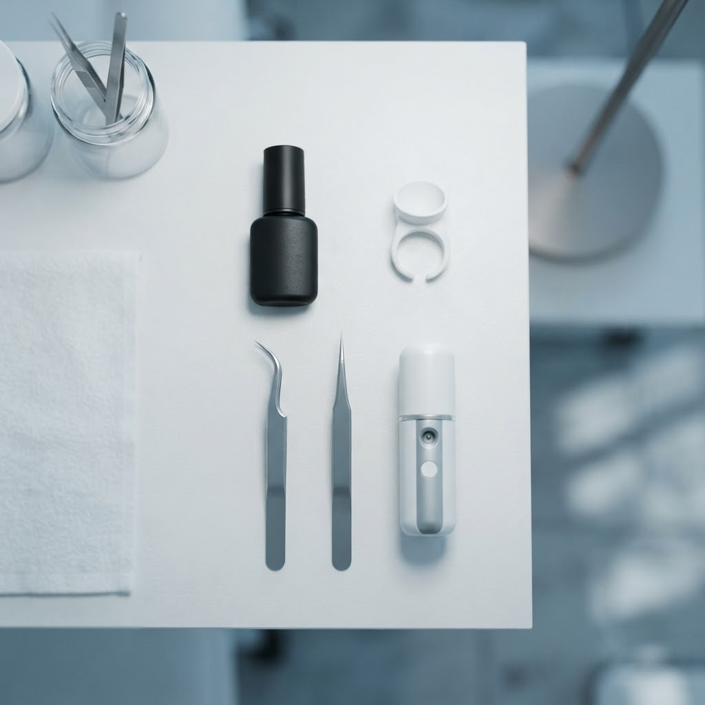 A lash artist workstation with adhesive, glue ring, nano mister and tweezers arranged on a clean surface
