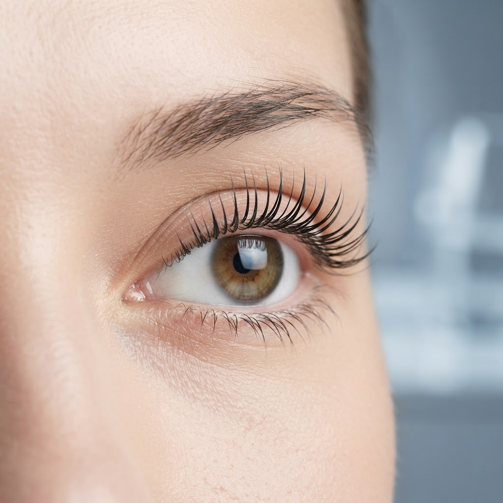 Close-up of a natural eye with beautifully lifted and curled lashes after a lash lift treatment