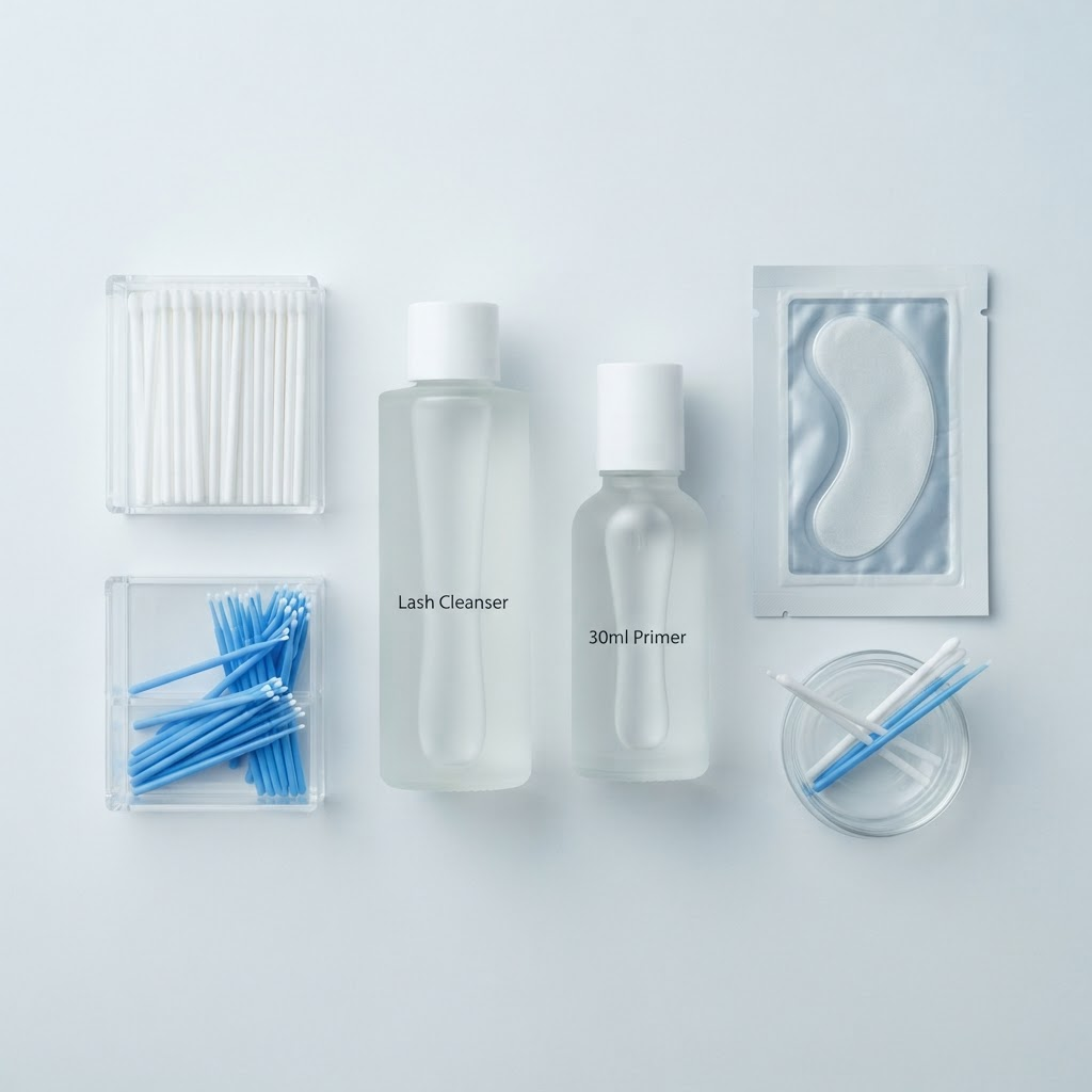 A flat-lay of lash preparation essentials including cleanser, primer, micro brushes and eye patches on a clean surface
