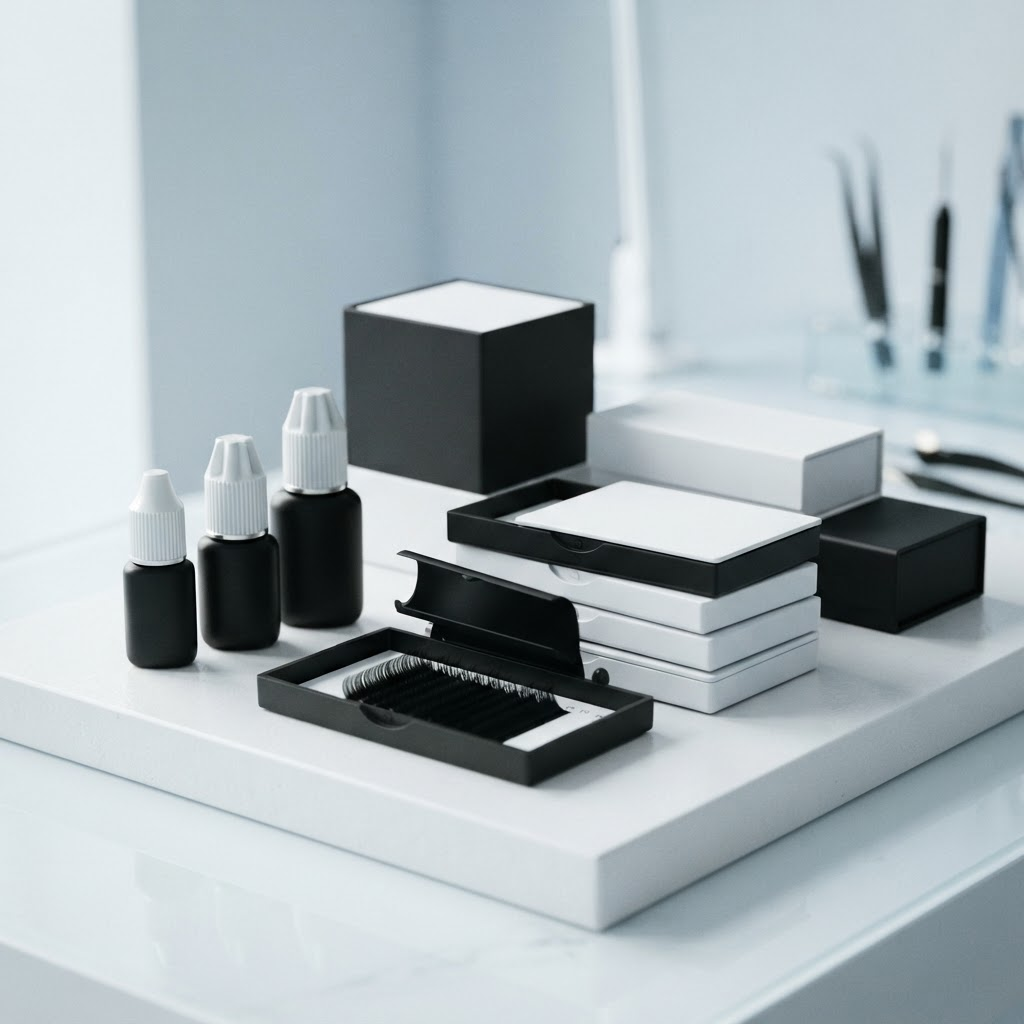 Unbranded premium lash product packaging arranged as a brand mockup on a clean white surface