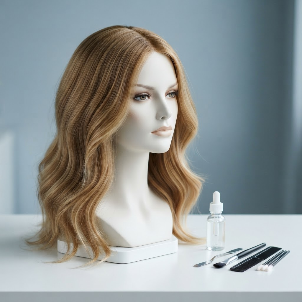 A styled wig on a professional mannequin head beside wig adhesive and application tools on a clean surface