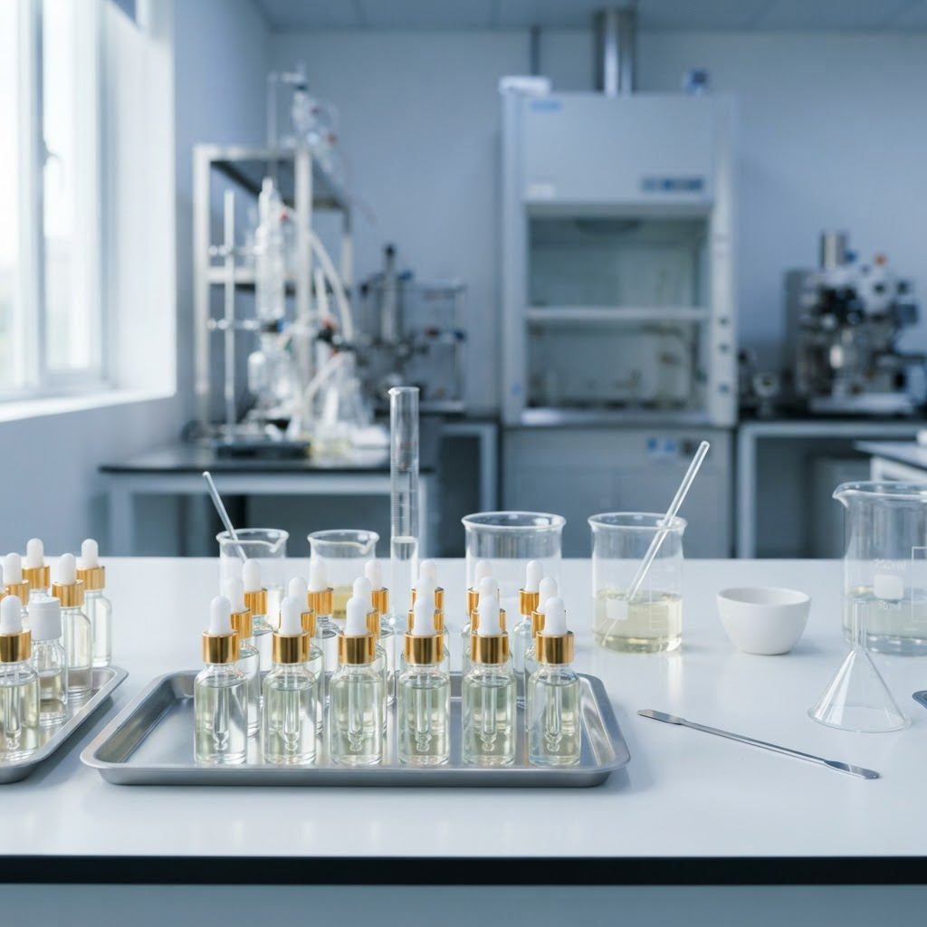 Cosmetic Glue Co adhesive manufacturing laboratory with rows of glass bottles