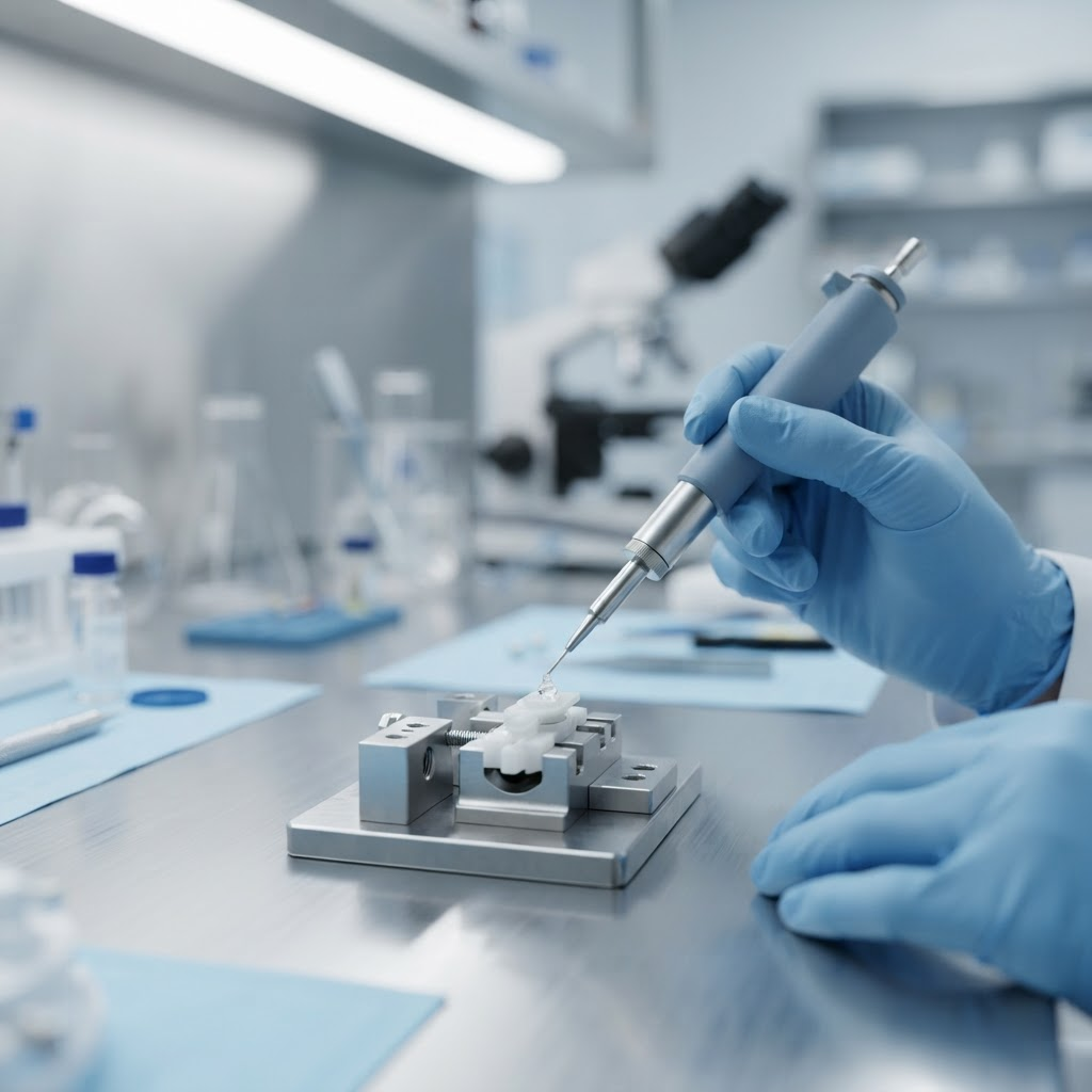 Medical-grade adhesive being applied to a medical device component in a sterile lab