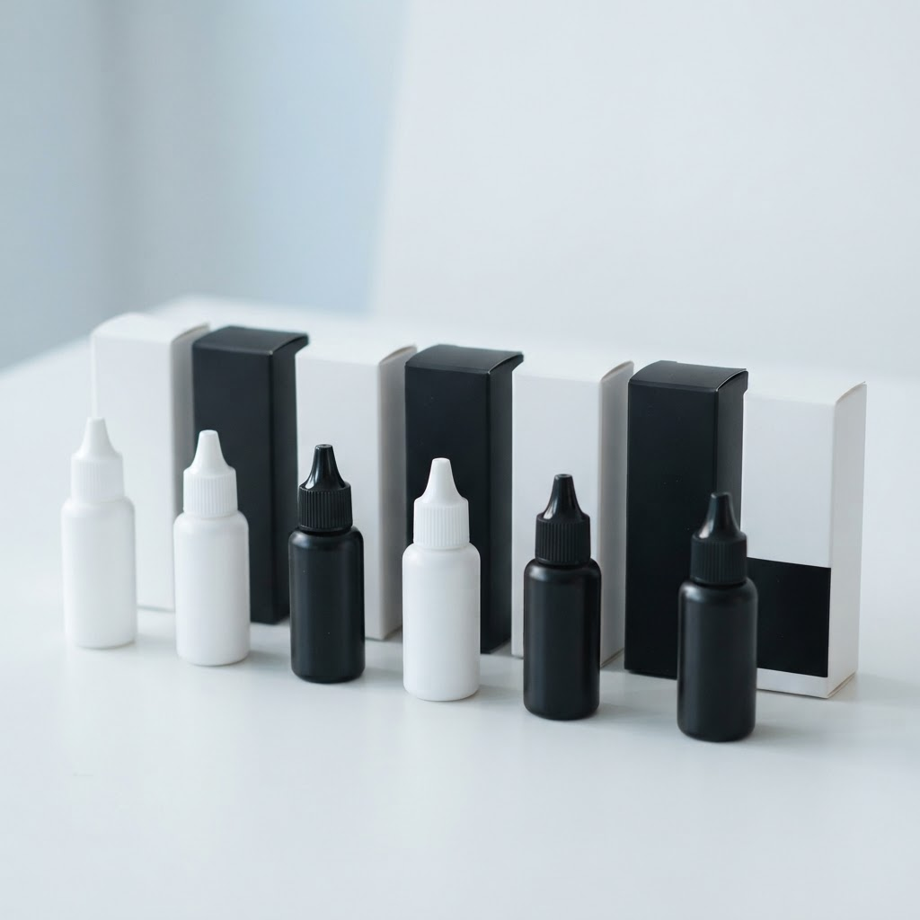 Blank unbranded cosmetic adhesive bottles ready for custom private-label branding