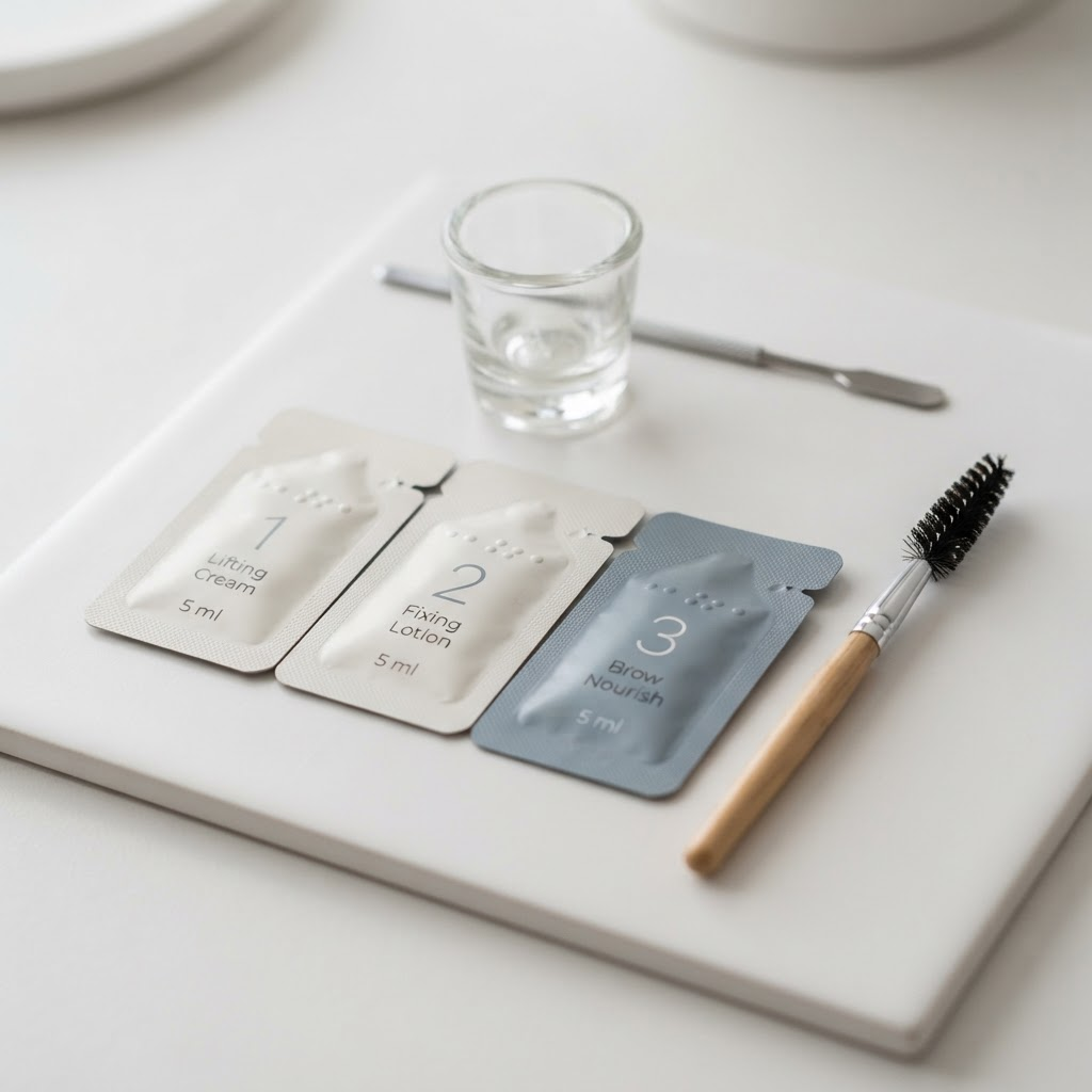 A brow lamination kit with treatment sachets and a spoolie brush
