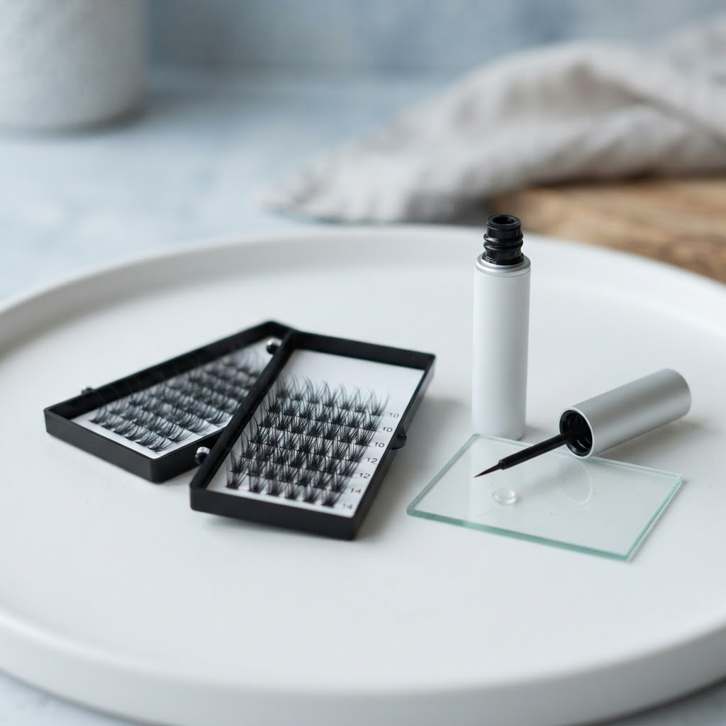 DIY cluster lash trays beside a compact bond-and-seal adhesive bottle