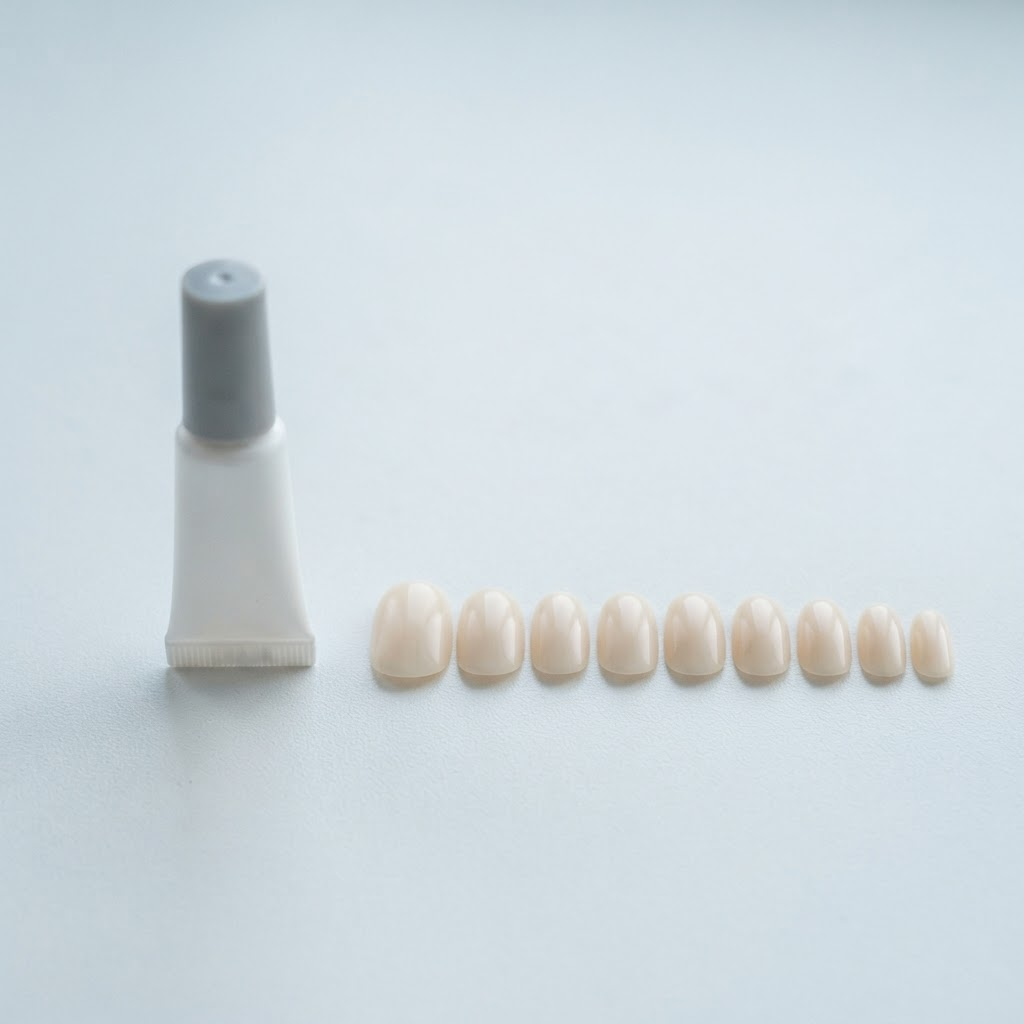 A tube of nail adhesive beside a set of press-on nail tips