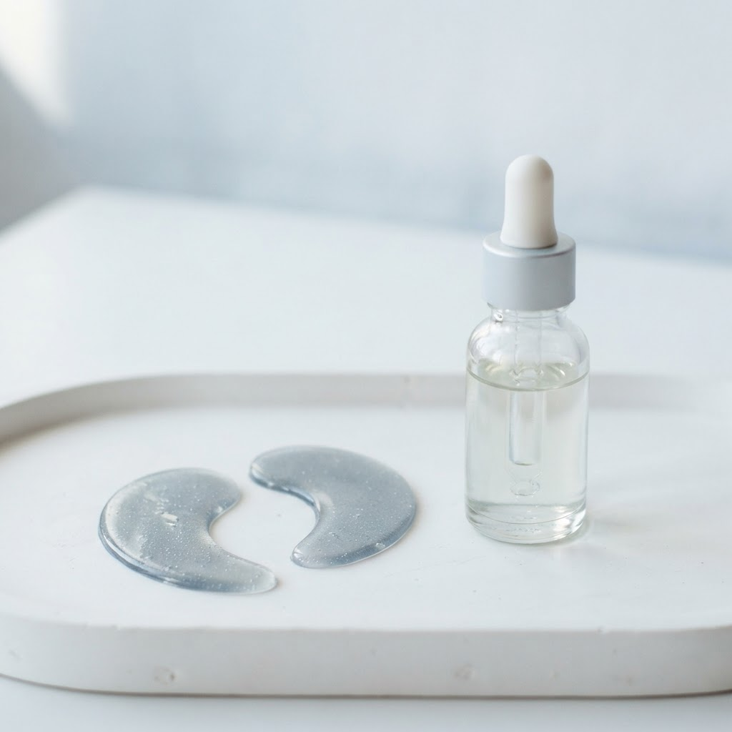 Hydrogel under-eye patches beside a small adhesive bottle