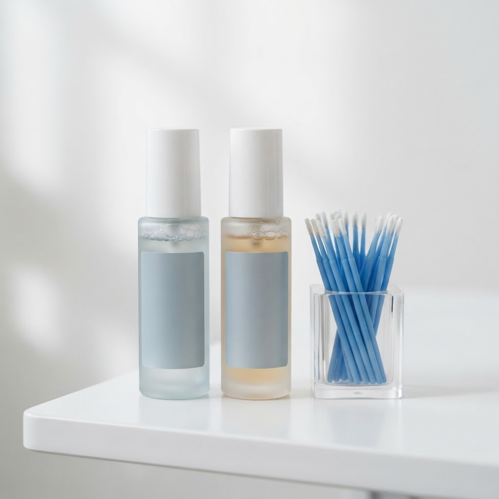 A lash cleanser and primer bottle beside micro brushes