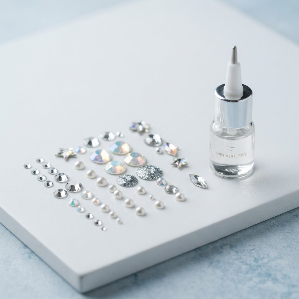 Sparkling face and body gems beside a skin-safe adhesive bottle