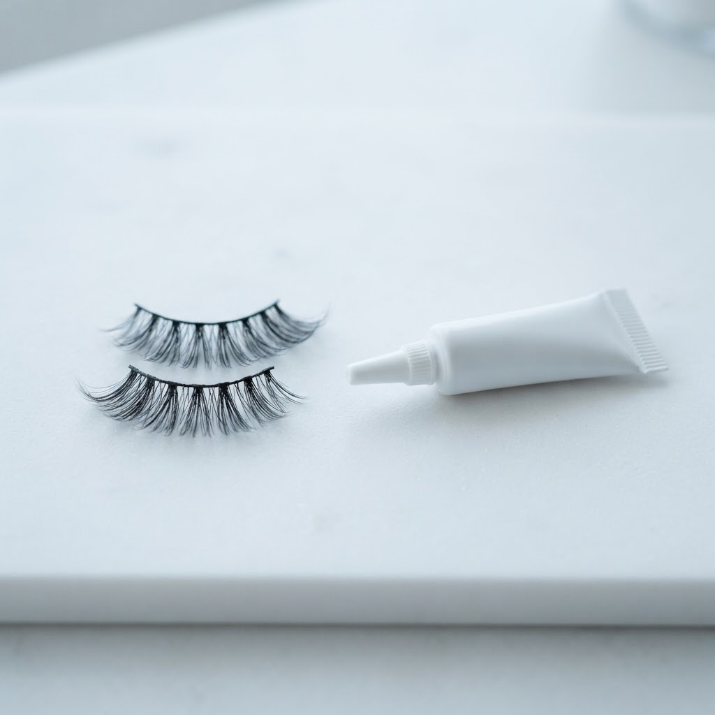 A pair of strip false lashes beside a tube of lash strip adhesive