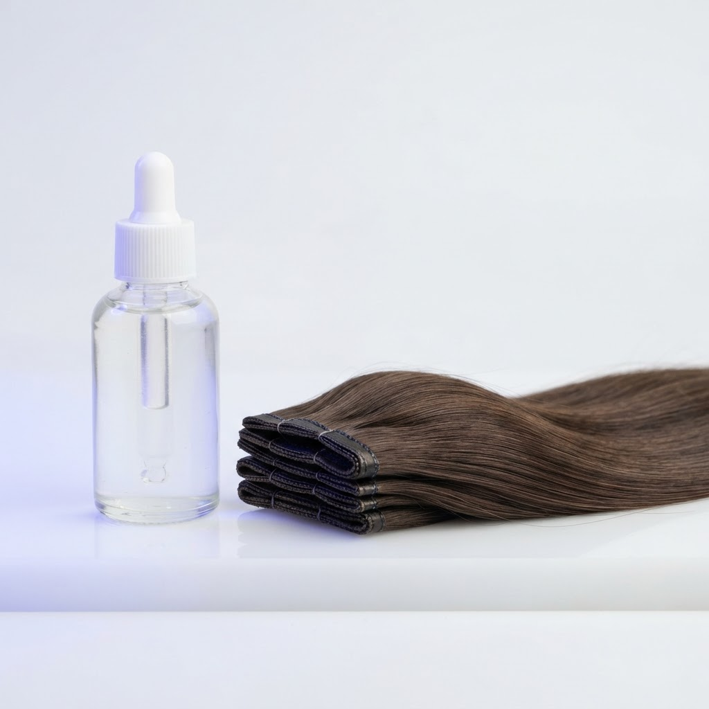 Hair extension bonding adhesive beside hair extension wefts