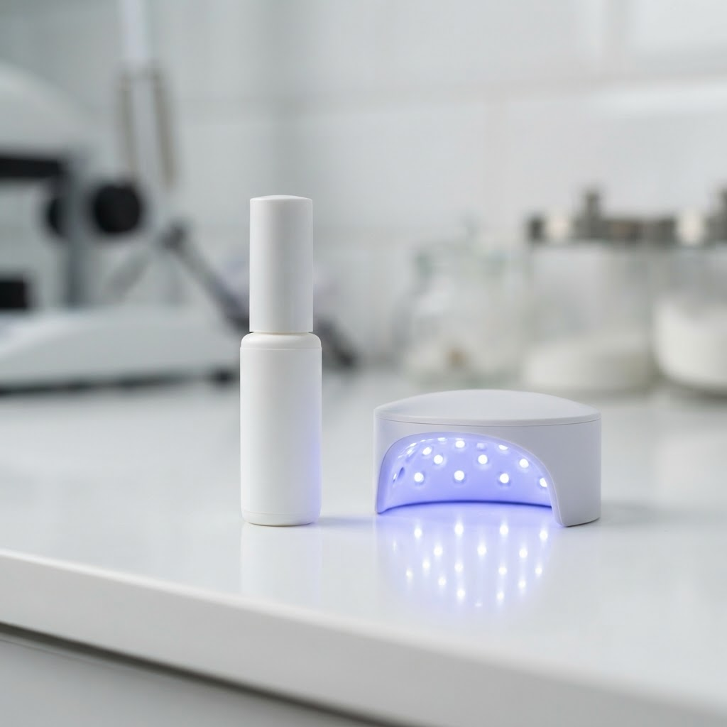 Lash adhesive bottle beside a UV LED curing lamp with a blue glow