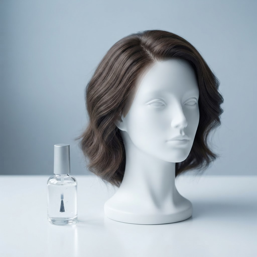 A bottle of wig adhesive beside a styled wig on a mannequin head
